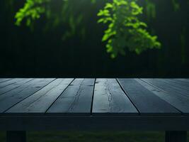 Wooden table and blur tropical green grass background, product display montage. High quality photo 8k FHD AI generated