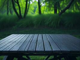 Wooden table and blur tropical green grass background, product display montage. High quality photo 8k FHD AI generated