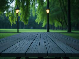 Wooden table and blur tropical green grass background, product display montage. High quality photo 8k FHD AI generated