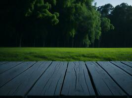 Wooden table and blur tropical green grass background, product display montage. High quality photo 8k FHD AI generated