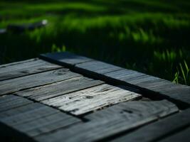 Wooden table and blur tropical green grass background, product display montage. High quality photo 8k FHD AI generated