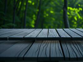 Wooden table and blur tropical green grass background, product display montage. High quality photo 8k FHD AI generated