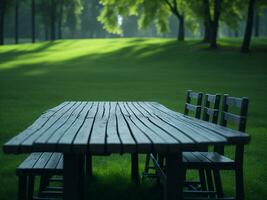 Wooden table and blur tropical green grass background, product display montage. High quality photo 8k FHD AI generated