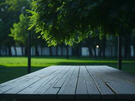 Wooden table and blur tropical green grass background, product display montage. High quality photo 8k FHD AI generated