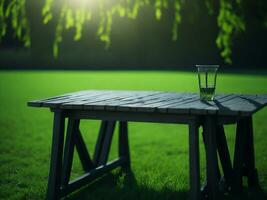 Wooden table and blur tropical green grass background, product display montage. High quality photo 8k FHD AI generated