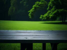 Wooden table and blur tropical green grass background, product display montage. High quality photo 8k FHD AI generated