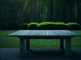 Wooden table and blur tropical green grass background, product display montage. High quality photo 8k FHD AI generated