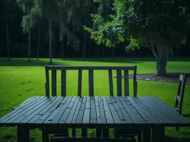 Wooden table and blur tropical green grass background, product display montage. High quality photo 8k FHD AI generated