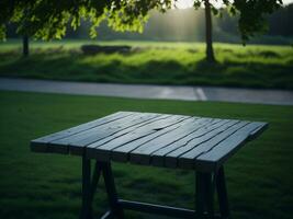 Wooden table and blur tropical green grass background, product display montage. High quality photo 8k FHD AI generated