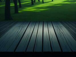 Wooden table and blur tropical green grass background, product display montage. High quality photo 8k FHD AI generated