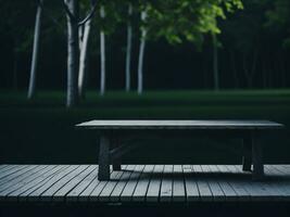 Wooden table and blur tropical green grass background, product display montage. High quality photo 8k FHD AI generated