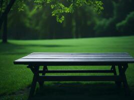 Wooden table and blur tropical green grass background, product display montage. High quality photo 8k FHD AI generated