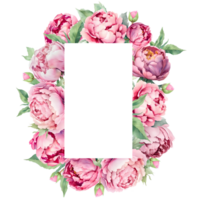 Watercolor rectangle vertical frame with pink peonies. Great for cards and wedding invitations. AI Generative png