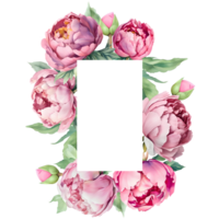 Watercolor rectangle vertical frame with pink peonies. Great for cards and wedding invitations. AI Generative png