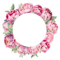 Watercolor circle frame with pink peonies. Great for cards and wedding invitations AI Generative png