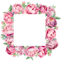 Watercolor square frame with pink peonies. Great for cards and wedding invitations AI Generative png