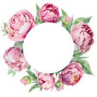 Watercolor circle frame with pink peonies. Great for cards and wedding invitations AI Generative png