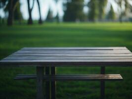 Wooden table and blur tropical green grass background, product display montage. High quality photo 8k FHD AI generated