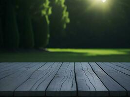 Wooden table and blur tropical green grass background, product display montage. High quality photo 8k FHD AI generated