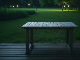 Wooden table and blur tropical green grass background, product display montage. High quality photo 8k FHD AI generated