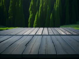 Wooden table and blur tropical green grass background, product display montage. High quality photo 8k FHD AI generated