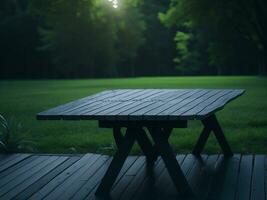 Wooden table and blur tropical green grass background, product display montage. High quality photo 8k FHD AI generated