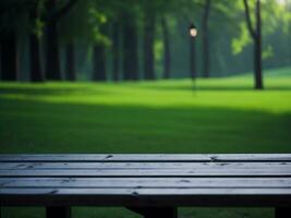 Wooden table and blur tropical green grass background, product display montage. High quality photo 8k FHD AI generated