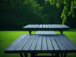 Wooden table and blur tropical green grass background, product display montage. High quality photo 8k FHD AI generated