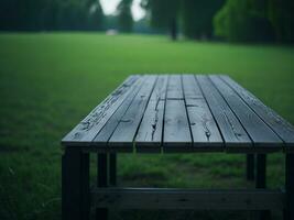 Wooden table and blur tropical green grass background, product display montage. High quality photo 8k FHD AI generated