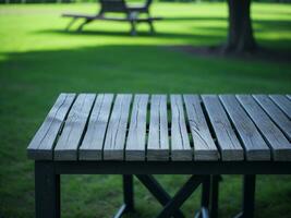 Wooden table and blur tropical green grass background, product display montage. High quality photo 8k FHD AI generated