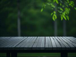 Wooden table and blur tropical green grass background, product display montage. High quality photo 8k FHD AI generated