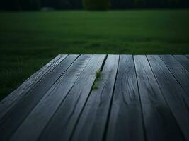 Wooden table and blur tropical green grass background, product display montage. High quality photo 8k FHD AI generated