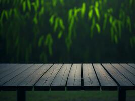 Wooden table and blur tropical green grass background, product display montage. High quality photo 8k FHD AI generated