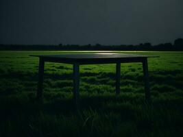 Wooden table and blur tropical green grass background, product display montage. High quality photo 8k FHD AI generated