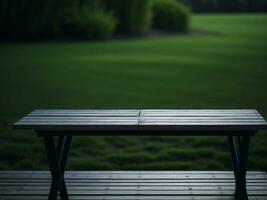 Wooden table and blur tropical green grass background, product display montage. High quality photo 8k FHD AI generated