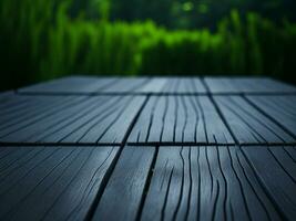 Wooden table and blur tropical green grass background, product display montage. High quality photo 8k FHD AI generated