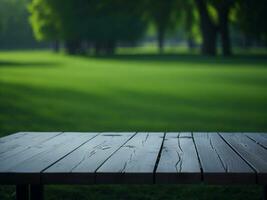 Wooden table and blur tropical green grass background, product display montage. High quality photo 8k FHD AI generated