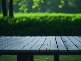 Wooden table and blur tropical green grass background, product display montage. High quality photo 8k FHD AI generated