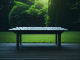 Wooden table and blur tropical green grass background, product display montage. High quality photo 8k FHD AI generated