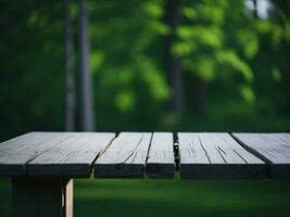 Wooden table and blur tropical green grass background, product display montage. High quality photo 8k FHD AI generated