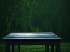 Wooden table and blur tropical green grass background, product display montage. High quality photo 8k FHD AI generated