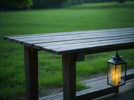 Wooden table and blur tropical green grass background, product display montage. High quality photo 8k FHD AI generated