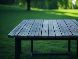 Wooden table and blur tropical green grass background, product display montage. High quality photo 8k FHD AI generated