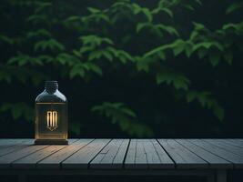 Wooden table and blur tropical green grass background, product display montage. High quality photo 8k FHD AI generated