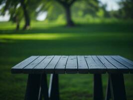 Wooden table and blur tropical green grass background, product display montage. High quality photo 8k FHD AI generated