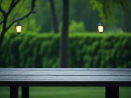 Wooden table and blur tropical green grass background, product display montage. High quality photo 8k FHD AI generated