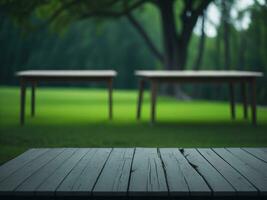 Wooden table and blur tropical green grass background, product display montage. High quality photo 8k FHD AI generated