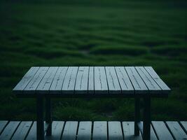 Wooden table and blur tropical green grass background, product display montage. High quality photo 8k FHD AI generated