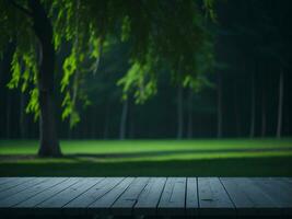 Wooden table and blur tropical green grass background, product display montage. High quality photo 8k FHD AI generated