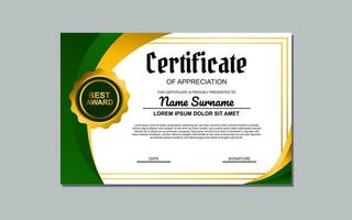 a certificate template with a green and goldwavy design vector